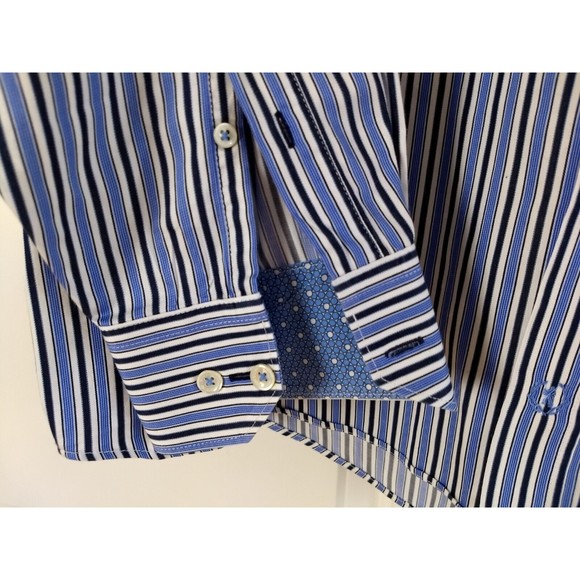 BUGATCHI UOMO‎ Striped Button Down XXL Dress Shirt Flip Cuff Blue Long Sleeve - Picture 3 of 14